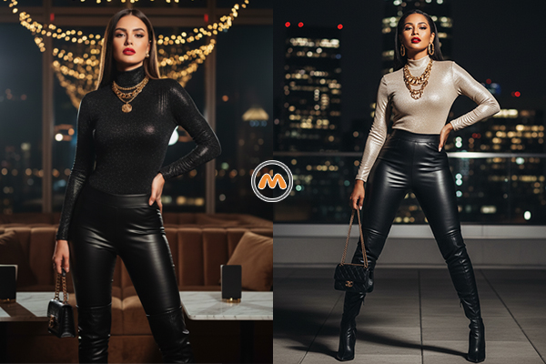 استایل بادی مجلسی با لگینگ یا شلوار چرمی