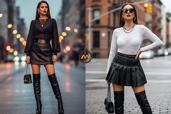 ست کردن بادی حریر با دامن کوتاه و بوت بلند