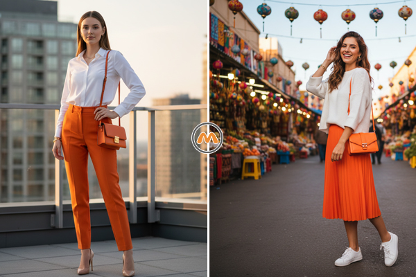 ست لباس سفید با نارنجی برای تیپی شاد و انرژی‌بخش